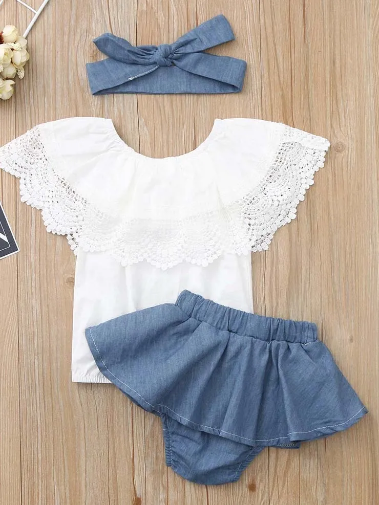 Baby We All Love Denim Top and Skirted Bloomers with Headband Set