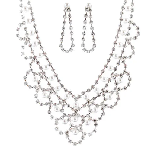 Bridal Wedding Jewelry Set Necklace Crystal Rhinestone V-Drape Pearl Silver