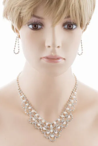 Bridal Wedding Jewelry Set Necklace Crystal Rhinestone V-Drape Pearl Silver
