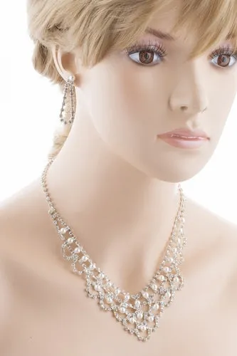 Bridal Wedding Jewelry Set Necklace Crystal Rhinestone V-Drape Pearl Silver