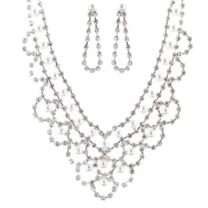 Bridal Wedding Jewelry Set Necklace Crystal Rhinestone V-Drape Pearl Silver
