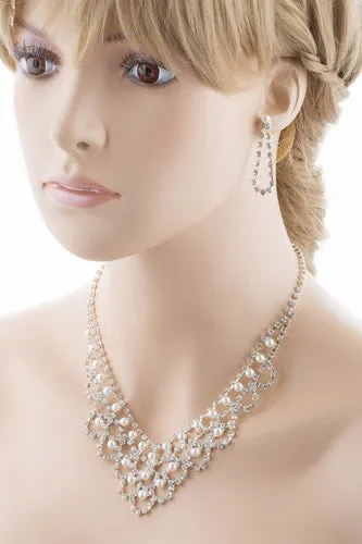 Bridal Wedding Jewelry Set Necklace Crystal Rhinestone V-Drape Pearl Silver