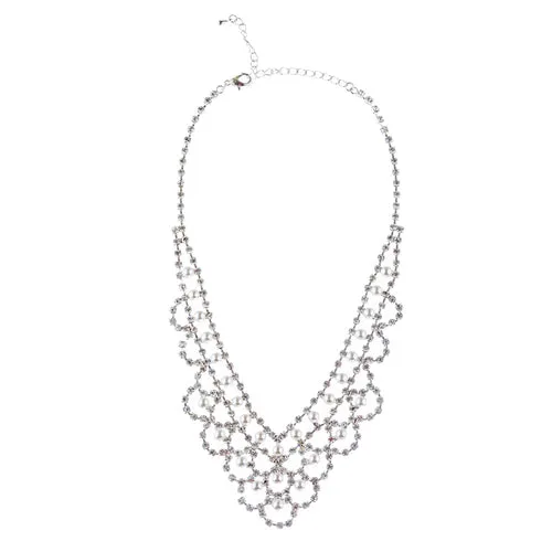 Bridal Wedding Jewelry Set Necklace Crystal Rhinestone V-Drape Pearl Silver