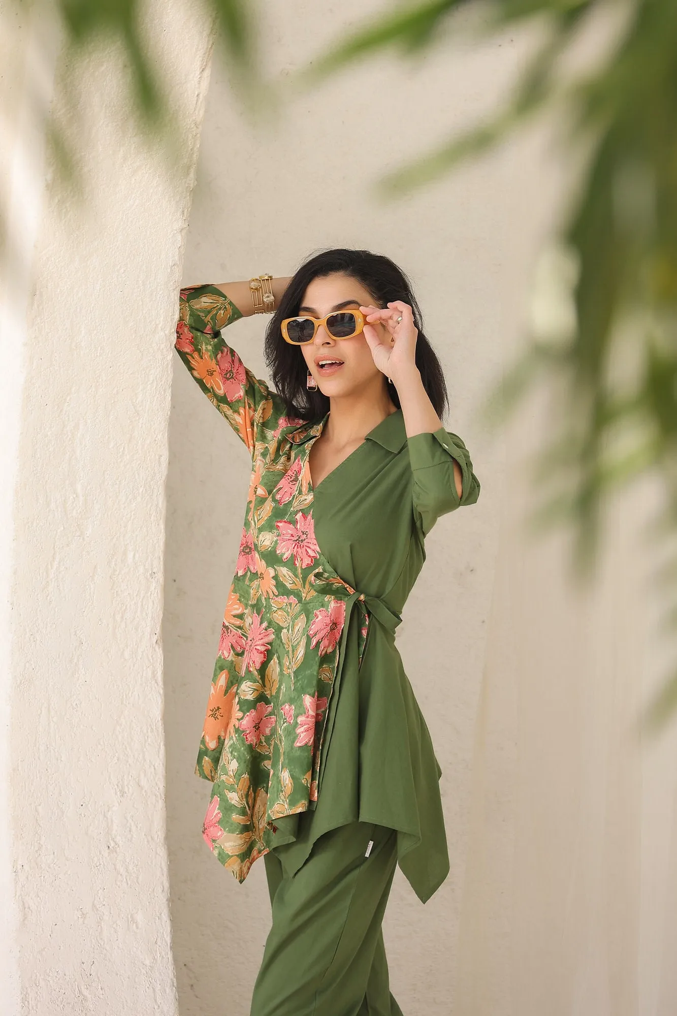 Colour Block Olive Green Cotton Coord Set