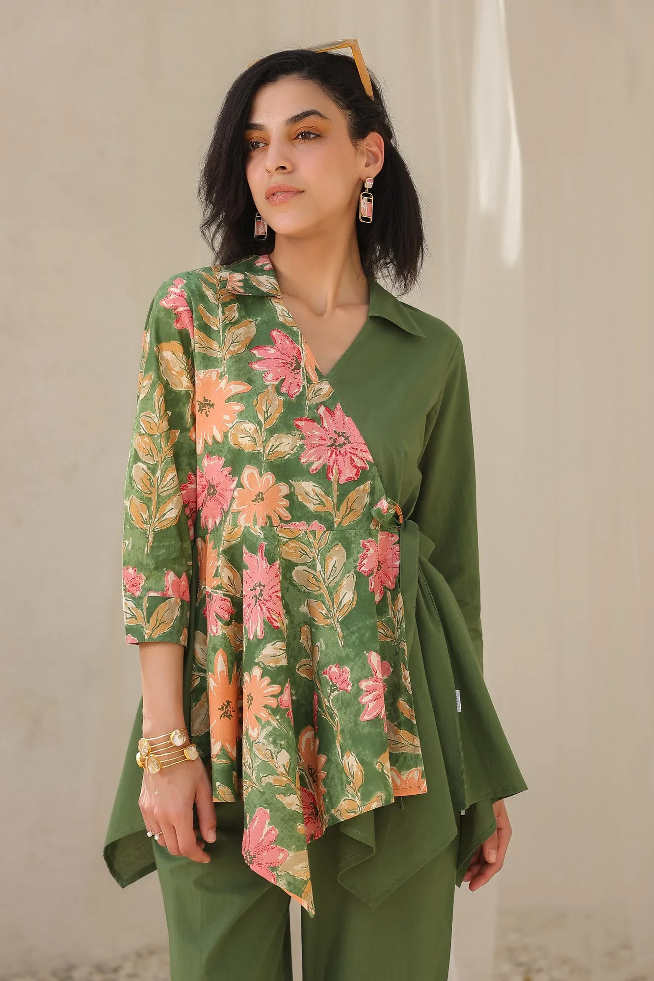 Colour Block Olive Green Cotton Coord Set