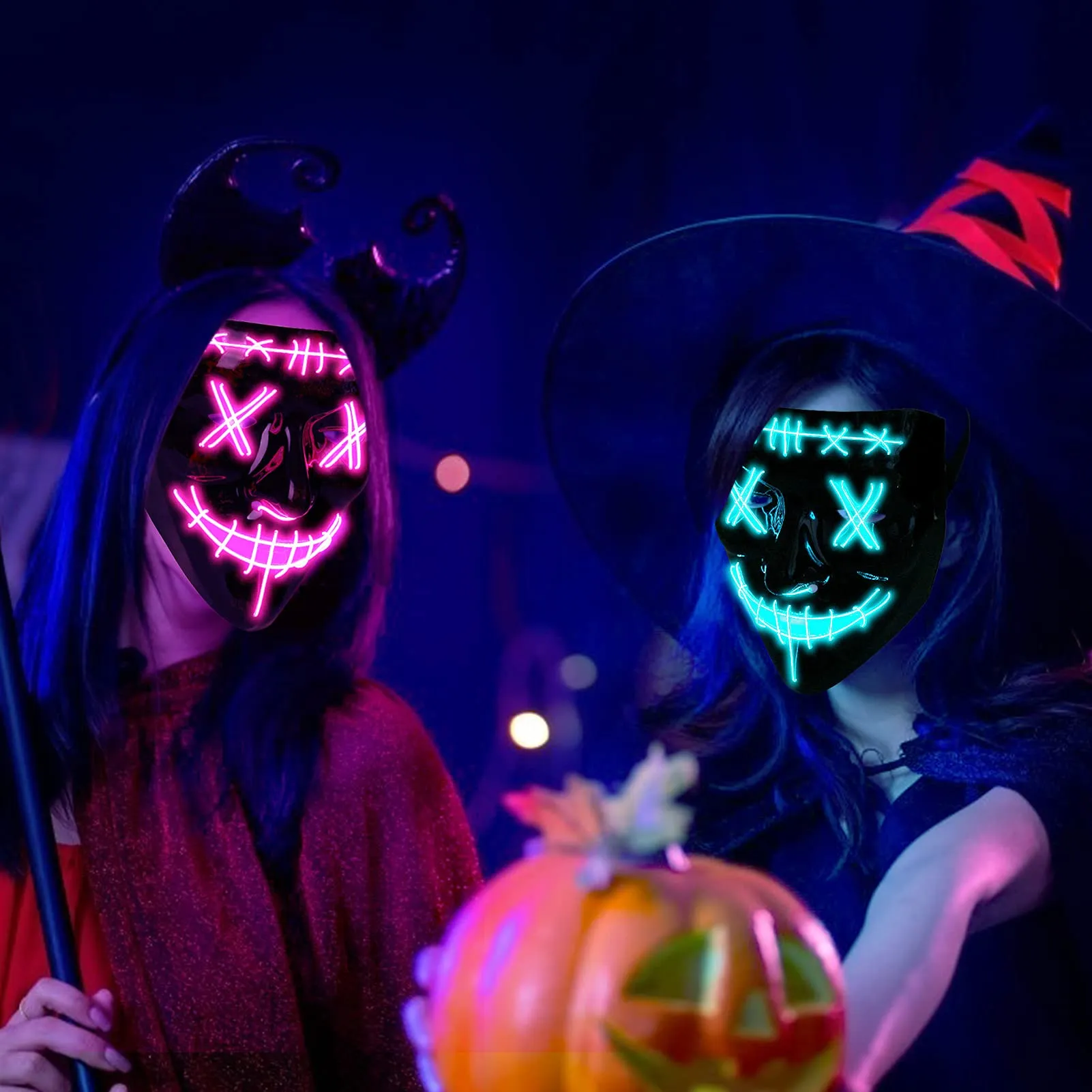 CYNDIE Halloween 2pcs LED Mask Scary Mask Blue Pink