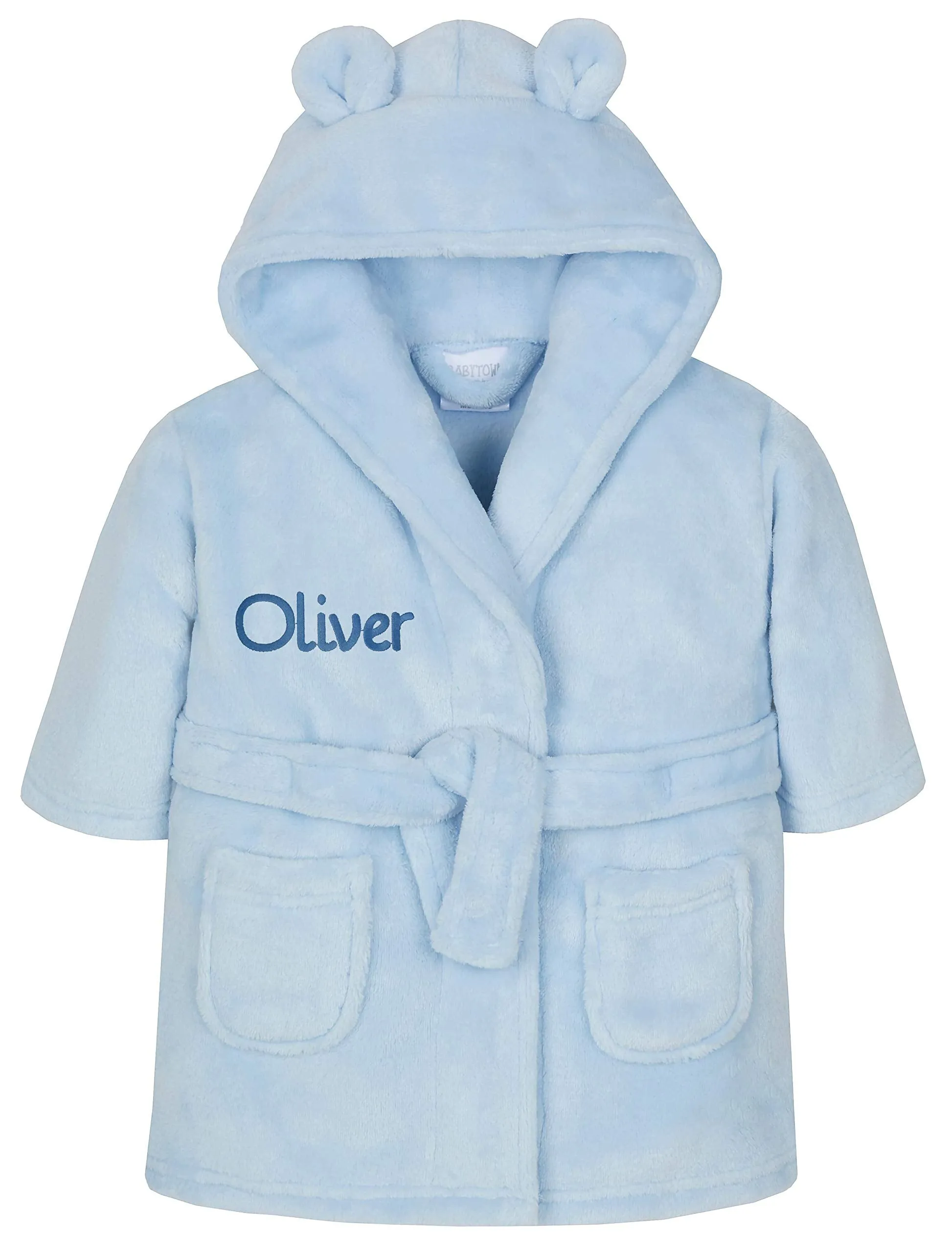 Gembroidery Personalised Baby Bathrobe Hooded Fleece Dressing Gown Super Soft Gifts Bath Robe For Boys Girls Cute Teddy Ears (0-6 Blue)