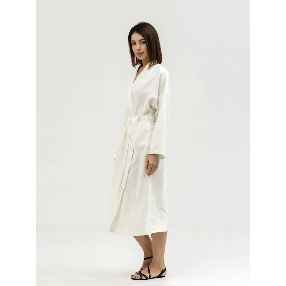 Linen Bath Robe - White - Stonewashed - Luxury Thick Linen