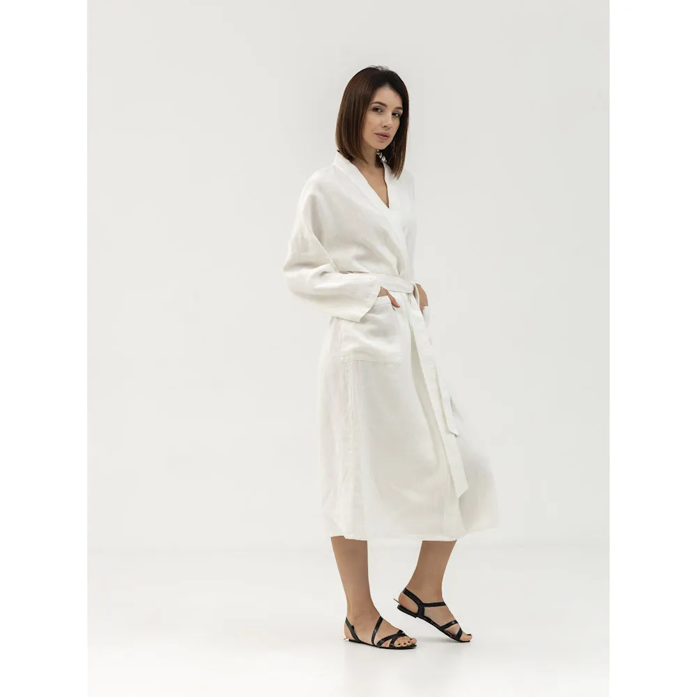 Linen Bath Robe - White - Stonewashed - Luxury Thick Linen
