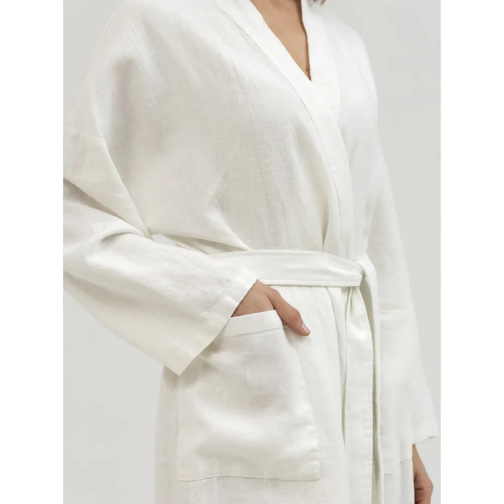 Linen Bath Robe - White - Stonewashed - Luxury Thick Linen