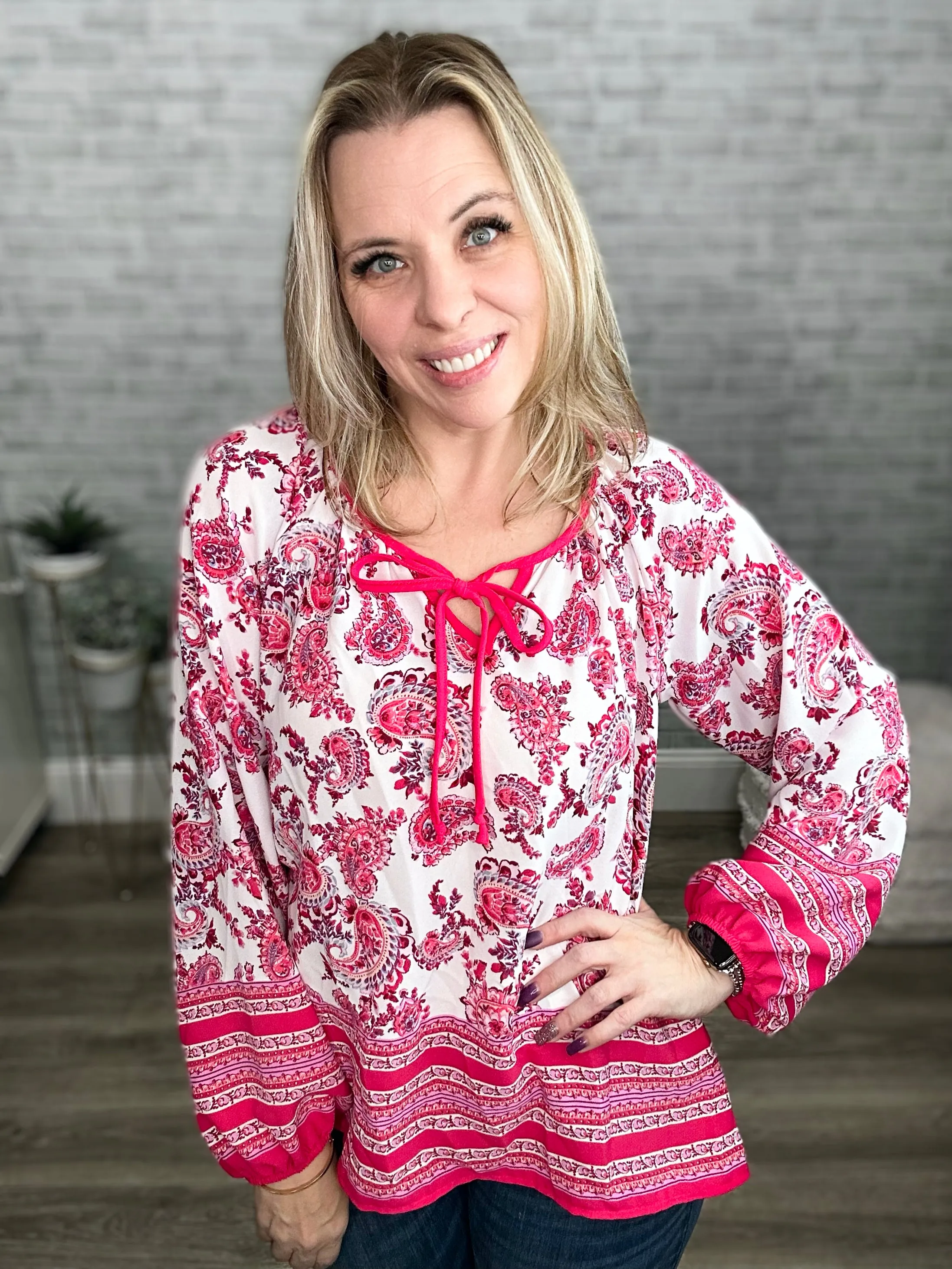 Pink Boho & Floral Print Peasant Top with Keyhole and Tie String