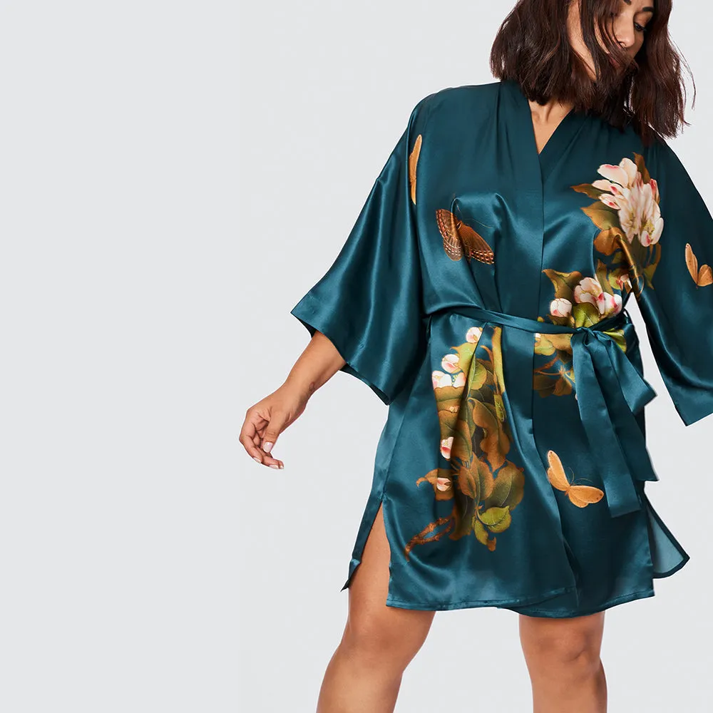 Washable Silk Peony & Butterfly Short Kimono Robe (Plus Size)